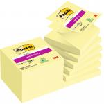 This image shows a pack of 12 bright yellow 3M Concertina Sticky Notes. Each note measures 76mm x 76mm and contains 90 sheets. The notes feature the well-known Post-it logo and are super sticky for extra durability.