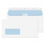 The photograph shows a pack of 500 DL envelopes from Blake Premium Office, with a sleek ultra white wove finish. Each envelope has a convenient wallet-style opening and a secure peel and seal closure. The size is 110x220mm and the weight is 120gsm.