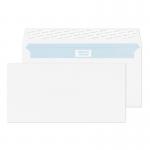 The picture shows a pack of 500 DL size white envelopes by Blake Premium Office, made of 120gsm paper. The envelopes feature a wove texture and close with a peel and seal flap. Each envelope measures 110x220mm.