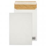 This photograph captures a bundle of white pocket envelopes with a peel and seal closure. The envelopes are padded for extra protection and have a 50mm gusset, making them spacious and sturdy. The eco-friendly design and 140gsm thickness are also evident. Each envelope measures 350x250x50mm and the pack includes 100 pieces.