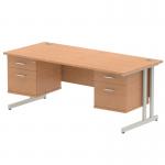 Dynamic Impulse W1800 x D800 x H730mm Straight Office Desk Cantilever Leg With 2x2 Drawer Double Fixed Pedestal Oak Finish Silver Frame - MI002676 42867DY