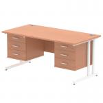 Dynamic Impulse W1600 x D800 x H730mm Straight Office Desk Cantilever Leg With 2x3 Drawer Double Fixed Pedestal Beech Finish White Frame - MI001718 42958DY