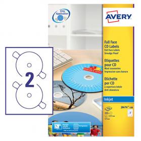Avery Inkjet Full Face CD/DVD Label 117mm Diameter 2 Per A4 Sheet Matt White (Pack 200 Labels) J8676-100 43810AV