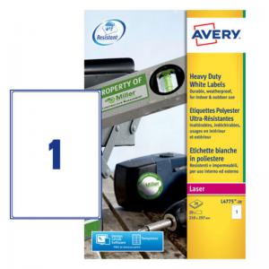 Avery Laser Heavy Duty Label 210x297mm 1 Per A4 Sheet White Pack 20