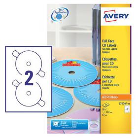 Avery Full Face CD/DVD Matt Label 117mm Diameter 2 Per A4 Sheet White (Pack 50 Labels) L7676-25 44545AV