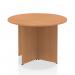 The image shows a dynamic round table with an impressive panel and sleek arrowhead legs. The table measures W1000 x D1000 x H730mm and features a beautiful oak finish. This free-standing table exudes a sense of movement and modern elegance.