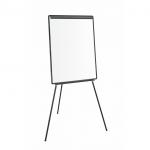 The photo shows a black flipchart easel with a tripod base. It is non-magnetic and measures 600x850mm. The easel is propped open and ready for use, with a large white pad attached to the top. The pad is filled with notes and diagrams, indicating productive use. The brand name Bi-Silque Flipchart Easels & Pads is printed on the side. The easel is situated in a well-lit room, with a comfortable and professional ambiance.