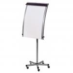 The photograph captures a sleek, silver flipchart easel standing tall against a white background. Its sturdy frame and mobile design are highlighted, along with its large size of 700x950mm. A flipchart pad sits atop the easel, waiting to be filled with colorful ideas and notes. The easel features a roll-up function, making it easy to transport and store. Overall, the photo showcases a professional and versatile tool for presentations and brainstorming sessions.