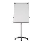 The photograph captures a sleek and sturdy flipchart easel with a silver finish. It is equipped with a magnetic surface and stands at 700x1000mm. The easel is mounted on a mobile base for convenient and easy transportation. A pad of flipchart paper is attached to the top, ready to be filled with ideas and notes. The design is modern and professional, perfect for any office or meeting setting.