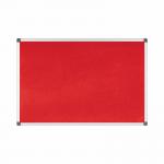 This photo showcases a vibrant red Bi-Silque Noticeboard. The smooth aluminium frame encloses a 900x600mm felt surface, adding a touch of elegance to any space. The Bi-Office Maya logo can be seen in the corner, a testament to its quality and durability. Perfect for displaying important information or creative displays.