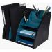 The photo shows a sleek and sophisticated desk set from ExaClair Limited. The Exacompta NeoDeco Desktop Organiser measures 282x356x282mm and comes in a striking combination of black and duck blue. The clean lines and modern design make it a stylish addition to any workspace. Multiple compartments and slots allow for efficient organisation of desk essentials. This desk set is perfect for a professional looking for functional and elegant desktop storage.