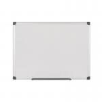 The photograph captures a Bi-Silque drywipe board from Bi-Office, featuring the Maya gridded design. The board is double-sided, non-magnetic, and made of melamine with an aluminium frame. Measuring 900x600mm, the board is ideal for organizing and displaying information.
