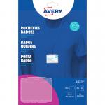 This image shows a pack of Avery UK name badge pockets, measuring 60mm by 90mm. It includes 24 inserts and 20 holders, perfect for labeling and displaying identification at meetings or events. The design is simple and professional, with clear pockets for easy visibility of the inserts.