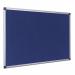 This image shows a Bi-Silque noticeboard with a vibrant blue felt surface. The noticeboard has an aluminium frame and measures 900x600mm. The material used is fire retardant, ensuring safety in any environment. The design is sleek and functional, making it a practical addition to any space.