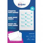 The photograph captures a set of Avery UK name badges, specifically the Avery Microperforated Printable Inserts. The size of each badge is 90mm x 54mm and the set includes 200 labels, printed on 20 sheets. They are compatible with all printers and the product code is L4727-20 45994AV.