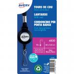 This photo features a pack of 10 Avery UK name badges with lanyards. Each black lanyard measures 40 x 1cm and comes with a 60cm reel. The name badges are perfect for conferences, events, and work purposes.
