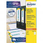 In this photograph, you can see 40 Avery UK Filing Labels. They are designed for laser printing and have 4 labels per sheet. The labels are white and measure 200x60mm, making them ideal for lever arch files. Perfect for keeping your files organized and labeled neatly.