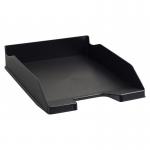 The picture shows two Exacompta Eco Letter Trays stacked on top of each other. They are in the color black and can hold either A4 or foolscap sized documents. These eco-friendly letter trays are a great addition to any office or workspace.