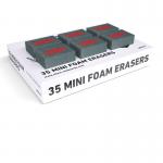 The picture shows a pack of Eastpoint branded mini foam whiteboard erasers. The pack contains 35 erasers, each with a compact and lightweight design. The erasers are made of soft foam material and are designed to easily wipe away dry-erase marker ink from whiteboards. They come in bright white color and have a rectangular shape with rounded corners. The edges are smooth and the erasers are easy to grip. The packaging is clear and allows for easy identification of the product.