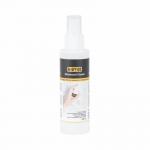 The picture shows a bottle of Bi-Silque Whiteboard Cleaning Spray next to a whiteboard that has been wiped clean, leaving behind a shiny and residue-free surface. The bottle has a clear label with the brand name and product description. A cloth and eraser can also be seen nearby.