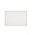 The photo shows a Bi-Silque Drywipe Board with a pine wood frame. It measures 900x600mm and is made of non-magnetic melamine. The surface is white and perfect for writing or drawing on.