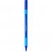 The picture shows ten Schneider Slider Edge XB ballpoint pens, each with a blue ink and an extra broad tip. The pens have a rubberised three-sided barrel and are made of 83% recycled plastic.