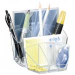 The photograph shows a sleek and modern desk set and tidies from CEP Office Solutions. The set includes a desk tidy with a crystal design and several compartments for organizing office supplies. The set has a professional look and is perfect for keeping a workspace neat and organized.