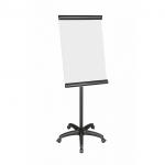 The image features a sleek and modern Bi-Silque flipchart easel with a Bi-Office frameless mobile easel attachment. The easel is non-magnetic and compact, perfect for mobility and easy storage. The flipchart pad is A1-sized and ready to be used for brainstorming and presentations. Multiple angles of the easel are visible, showcasing its versatility and adjustability. The overall design is professional and clean, suitable for any office or meeting space.