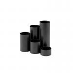 The picture shows a set of Jalema Desk Sets & Tidies, specifically the Jalema Resolution Tidy Tubes. The tubes are made of black plastic and are divided into 5 compartments, providing organized storage for various items. The design is sleek and modern, perfect for any office or workspace. The Jalema brand logo can be seen on the bottom corner of the tubes. The overall look is professional and functional, making it a great addition to any workspace.