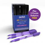 There is a photograph of Eastpoint Ballpoint Pens Swash Premium Triangular Medium Tip Ballpoint Pens in black, along with 3 additional purple ballpoint pens. The pack contains 40 pens and 3 extra purple ones.