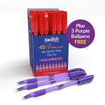 The photograph captures a vibrant display of Eastpoint Ballpoint Pens in a pack of 40, including 3 FREE green ballpoint pens. The premium triangular shape and medium tip of the red pens stand out against a clean white background. The detailed design and smooth finish give a professional and sleek appearance. Perfectly organized in rows, this pack offers a variety of high-quality writing utensils that are both practical and stylish.