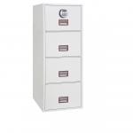 The picture features Phoenix Filing Cabinets World Class Vertical Fire File 4 Drawer Filing Cabinet with an electronic lock. It is a sturdy and secure cabinet with sleek and professional design. The drawers are labeled and the cabinet is spacious enough to store all your important documents and files neatly.