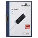 The picture shows a group of dark blue Durable Clip Files with the brand name DuraQuick written on the top. Each file has a sturdy clip to hold documents in place. The A4 size of the files makes them perfect for organizing and storing important papers. The files appear durable and well-made, with a sleek and professional design.