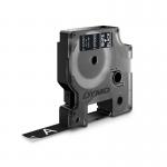 The image displays a sleek and durable Newell Brands Dymo Label Maker adorned with a Dymo D1 Label Tape. The label tape is white on black and measures 12mmx3m in size. This simple and professional device is perfect for organizing and labeling any project.