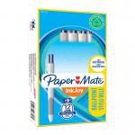 The image shows a set of Newell Brands Ballpoint Pens. The pens have a unique design, with four different colors of ink - black, blue, green, and red - all in one pen. The tip is 1.0mm in size. The pens come in a pack of 12 and have the brand name Paper Mate InkJoy Quatro printed on them.