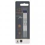 This photograph shows two black Parker Quink Flow ballpoint refills from Newell Brands. The medium tip size and sleek design are visible, as well as the brand name and packaging. The refills appear new and are ready to be used in any ballpoint pen.
