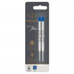 The photo shows two blue Parker Quink Flow ballpoint pen refills from Newell Brands. The medium-sized refills are neatly packaged in a pack of two and have a smooth and sleek design. The packaging features the brand logo and product name, making it easily identifiable.