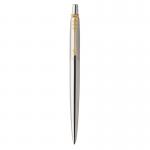 In the photo, there are a variety of Newell Brands Parker pens and refills, including a Parker Jotter Ballpoint Pen with a stainless steel and gold barrel. The pen is filled with blue ink and is presented in a stylish gift box.