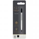 The image shows a sleek black pen refill in a clear packaging with the Parker logo and product name. The refill has a fine point and is specifically designed for rollerball pens. The brand, Newell, is also prominently displayed on the packaging.