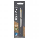 The picture features various Newell Brands Parker pens and refills, including the Parker Jotter ballpoint pen with a stainless steel and gold barrel. The pen writes in blue ink and has a sleek design.