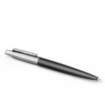 In the image, there is a collection of Newell Brands Parker Pens and Refills. The Parker Jotter Ballpoint Pen has a sleek black and chrome barrel and contains blue ink. The writing instrument is accompanied by various refills.
