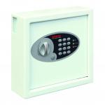 In the picture, a sleek and modern white Phoenix Cygnus Key Deposit Safe is shown. The safe has 30 hooks to hold keys and features an electronic lock for added security. The words Phoenix Key Cabinets are prominently displayed on the front, along with the model number. The safe has a sturdy and durable appearance, with a crisp and clean design. It exudes reliability and is a practical choice for keeping keys organized and secure.