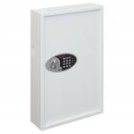 The photo shows a white Phoenix Cygnus Key Deposit Safe with an electronic lock. The safe has 144 hooks to accommodate multiple keys and is designed to securely store key cabinets.