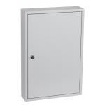 In this photo, a Phoenix Key Cabinet is shown with a light grey exterior. The cabinet has a 64 hook system for holding keys, and it features a key lock for security. The cabinet appears sleek and professional, making it a great addition to any commercial setting.