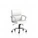 A sleek and modern white executive chair, featuring a medium back and chrome frame. Made with soft bonded leather and equipped with arms for added comfort and support. Perfect for any dynamic office space.