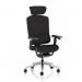 The image shows a sleek and modern general desk chair with a black FabriMesh covering. It has a dynamic design and includes a headrest for added comfort. The chair is labeled as the Ergo Click Plus Chair and has a product number written on the side.