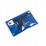 This photograph features Versapaks blue mailing pouches and key storage wallet, both equipped with the T2 locking mechanism. The A5 pouch measures 245mmx152mm with an opening size of 160mm. The clear front allows for easy viewing of contents.