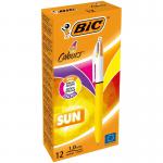 The image features a set of four Bic ballpoint pens, each with a sunny yellow barrel and a 1.0mm tip. The ink colors include pink, purple, orange, and yellow, and the pack contains a total of 12 pens. The design is sleek and modern, with a 0.32mm line width for precise writing. The pens are perfect for everyday use and come in a convenient pack for easy storage.