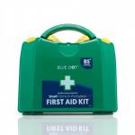 The picture shows a compact Crest Medical First Aid Kit in a PGB box. The blue dot on the outside indicates it meets BS 8599-1 (2019) standards. Inside, there are various essential first-aid supplies neatly organized in compartments. The small size makes it suitable for on-the-go emergencies.