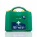 The picture shows a compact Crest Medical First Aid Kit in a PGB box. The blue dot on the outside indicates it meets BS 8599-1 (2019) standards. Inside, there are various essential first-aid supplies neatly organized in compartments. The small size makes it suitable for on-the-go emergencies.